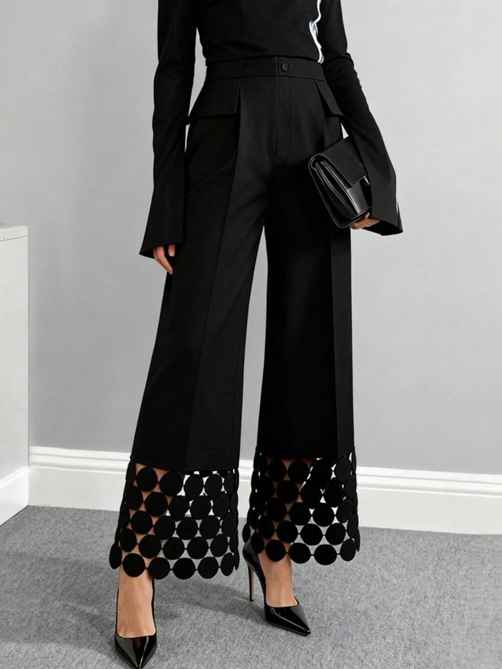 Black Elegant Women's Pants With Lace Hem And Polka Dot Design - Picture 4 of 5